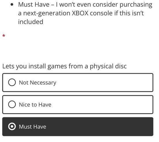 Questionário da Microsoft no Xbox Insider Hub perguntando sobre a importância do disco físico na próxima geração