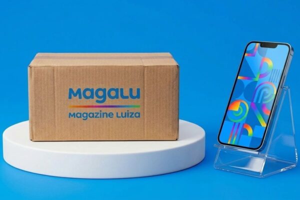 Caixa de entrega com logo do Magazine Luiza e smartphone sobre pedestal azul