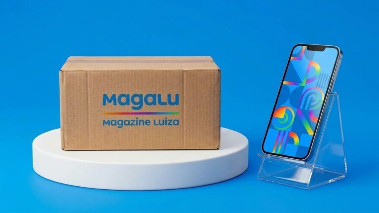 Caixa de entrega com logo do Magazine Luiza e smartphone sobre pedestal azul