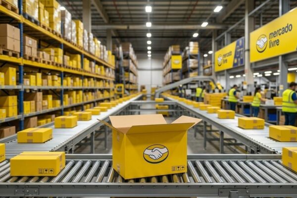 Centro de distribuição e logística do Mercado Livre com pacotes prontos para Envio Full