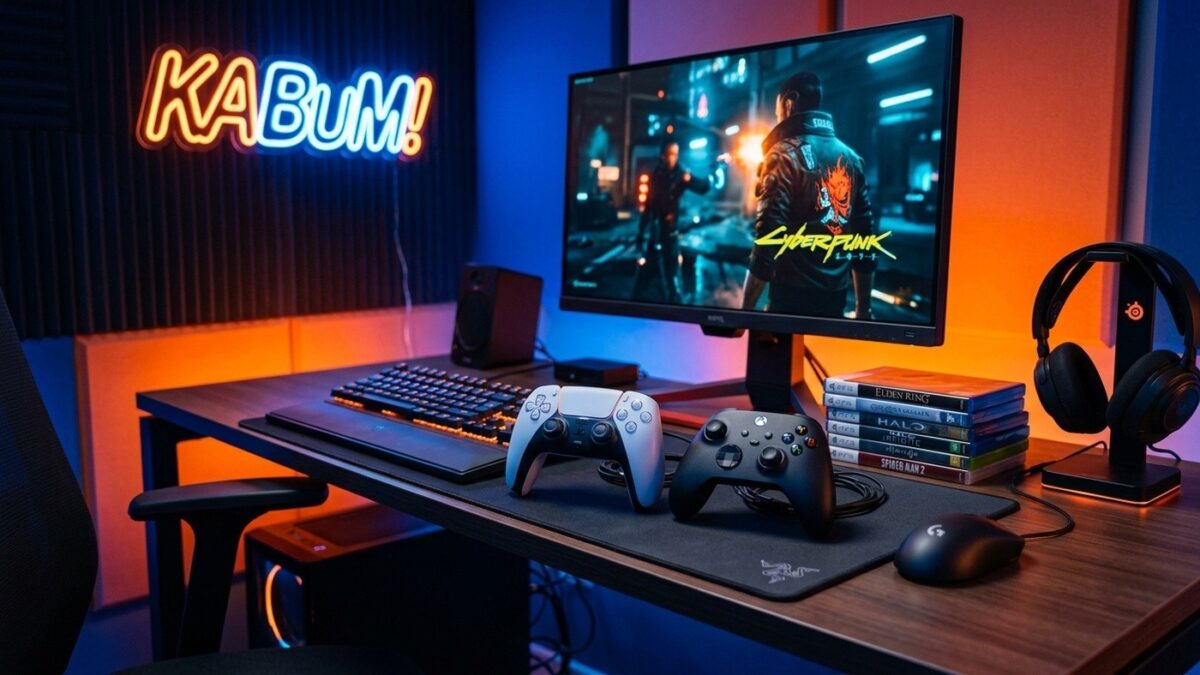 Setup gamer moderno com controles de videogame, jogos e iluminação com a marca KaBuM