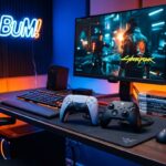 Setup gamer moderno com controles de videogame, jogos e iluminação com a marca KaBuM