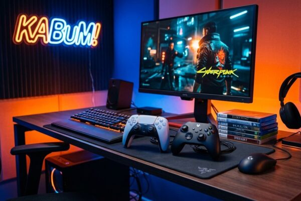 Setup gamer moderno com controles de videogame, jogos e iluminação com a marca KaBuM