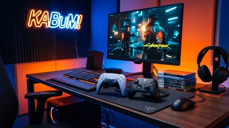 Setup gamer moderno com controles de videogame, jogos e iluminação com a marca KaBuM