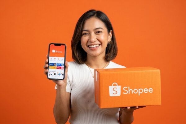 Mulher sorridente segurando smartphone com o aplicativo da Shopee aberto em ambiente moderno