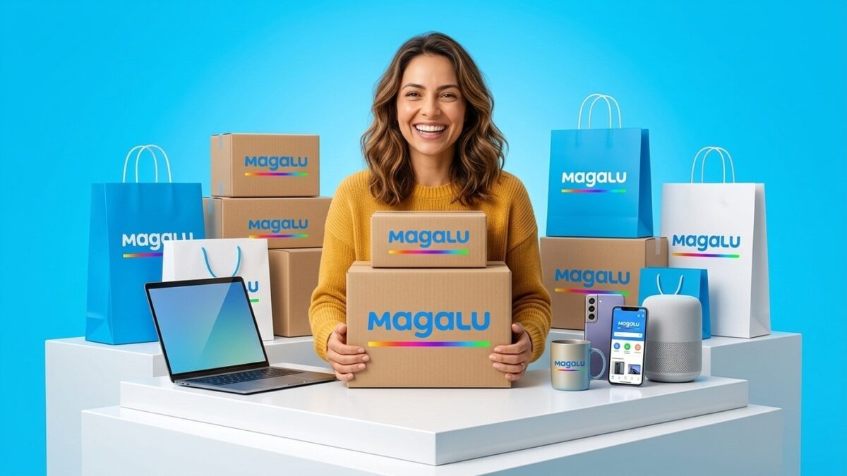 Mulher sorridente com caixas de entrega e sacolas oficiais do Magazine Luiza e produtos de tecnologia