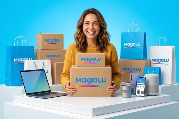 Mulher sorridente com caixas de entrega e sacolas oficiais do Magazine Luiza e produtos de tecnologia