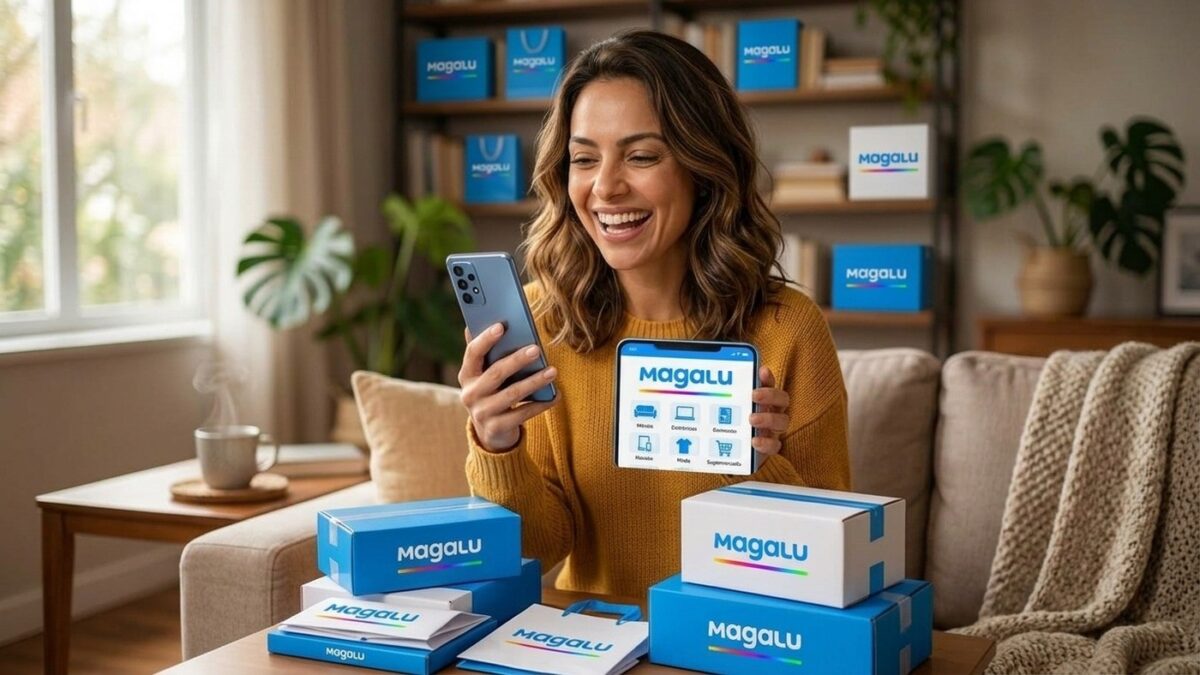 Mulher sorridente segurando smartphone com aplicativo do Magazine Luiza e caixas de entrega oficiais na mesa