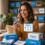 Mulher sorridente segurando smartphone com aplicativo do Magazine Luiza e caixas de entrega oficiais na mesa