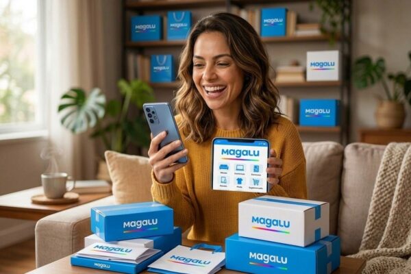 Mulher sorridente segurando smartphone com aplicativo do Magazine Luiza e caixas de entrega oficiais na mesa