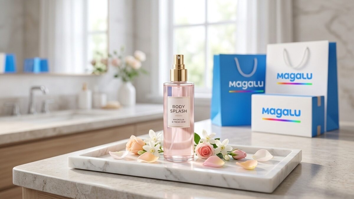 Frasco de perfume Body Splash sobre bandeja de mármore com pétalas de flores e embalagens oficiais do Magazine Luiza ao fundo