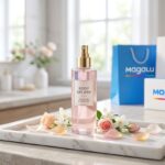 Frasco de perfume Body Splash sobre bandeja de mármore com pétalas de flores e embalagens oficiais do Magazine Luiza ao fundo