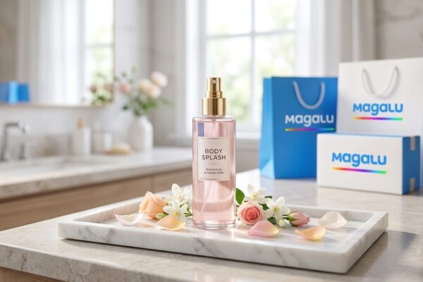 Frasco de perfume Body Splash sobre bandeja de mármore com pétalas de flores e embalagens oficiais do Magazine Luiza ao fundo