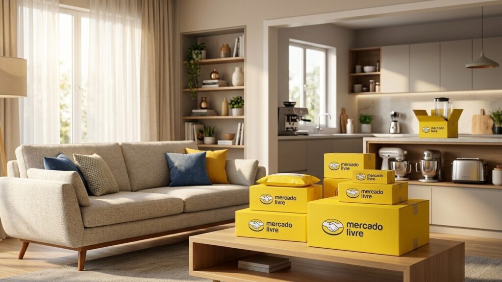 Sala de estar moderna e aconchegante com caixas de entrega amarelas oficiais do Mercado Livre na mesa de centro