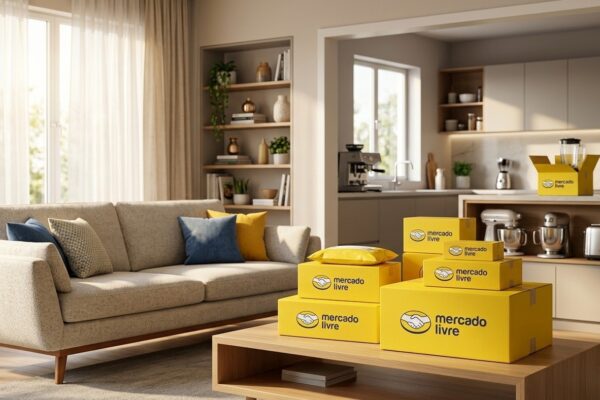 Sala de estar moderna e aconchegante com caixas de entrega amarelas oficiais do Mercado Livre na mesa de centro