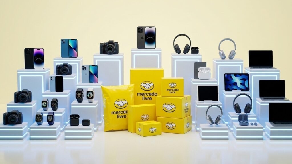 Dispositivos eletrônicos e smartphones em exibição moderna com embalagens amarelas oficiais de entrega do Mercado Livre