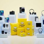 Dispositivos eletrônicos e smartphones em exibição moderna com embalagens amarelas oficiais de entrega do Mercado Livre