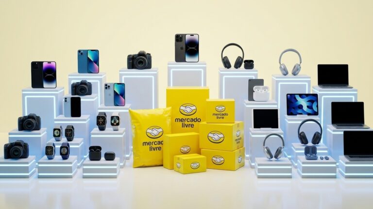 Dispositivos eletrônicos e smartphones em exibição moderna com embalagens amarelas oficiais de entrega do Mercado Livre