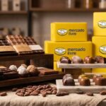 Mesa com chocolates artesanais, trufas e barras nobres acompanhadas por caixas de entrega amarelas do Mercado Livre