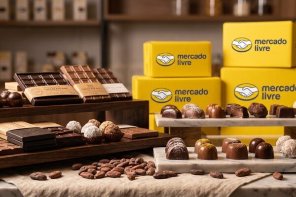 Mesa com chocolates artesanais, trufas e barras nobres acompanhadas por caixas de entrega amarelas do Mercado Livre