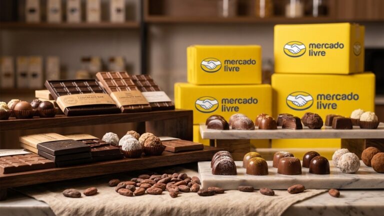Mesa com chocolates artesanais, trufas e barras nobres acompanhadas por caixas de entrega amarelas do Mercado Livre