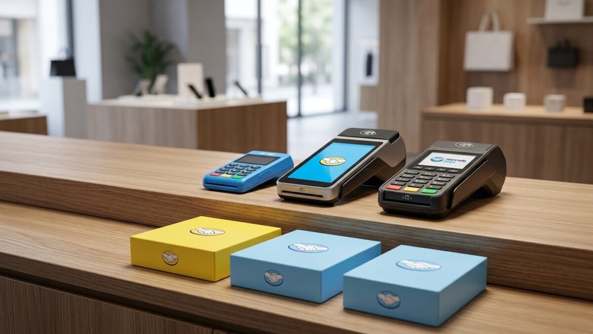 Maquininhas de cartão Mercado Pago Point Pro e Smart expostas em balcão comercial com embalagens oficiais