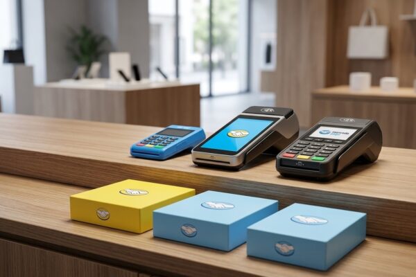 Maquininhas de cartão Mercado Pago Point Pro e Smart expostas em balcão comercial com embalagens oficiais