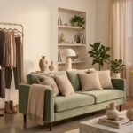 Ambiente aconchegante com arara de roupas elegantes, sala decorada e embalagens de entrega do Mercado Livre