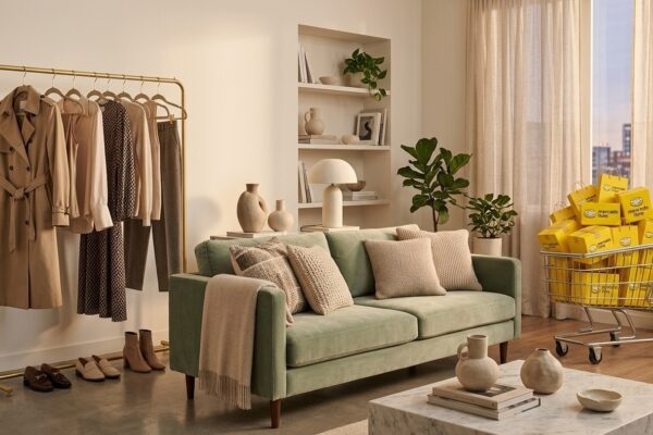 Ambiente aconchegante com arara de roupas elegantes, sala decorada e embalagens de entrega do Mercado Livre