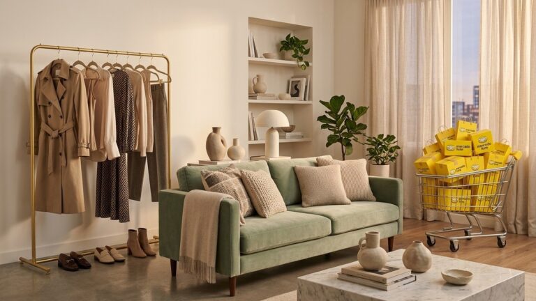 Ambiente aconchegante com arara de roupas elegantes, sala decorada e embalagens de entrega do Mercado Livre