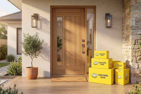 Entrada de residência moderna com pacotes e caixas amarelas de entrega rápida Full do Mercado Livre