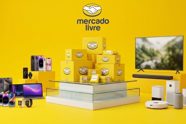 Estúdio promocional amarelo do Mercado Livre com smartphones, notebooks, smart TVs e caixas oficiais de entrega