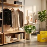 Arara de roupas modernas com tênis e ambiente decorado com caixas oficiais de entrega do Mercado Livre