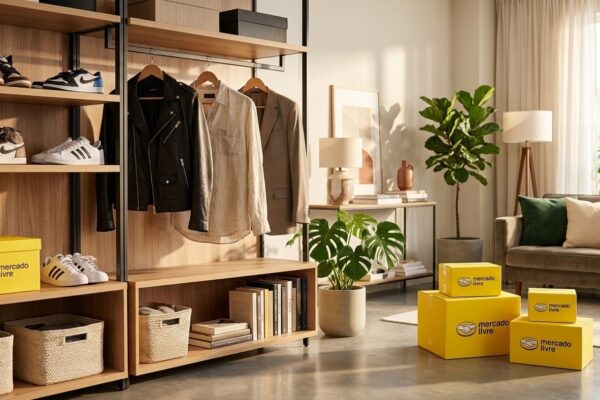 Arara de roupas modernas com tênis e ambiente decorado com caixas oficiais de entrega do Mercado Livre