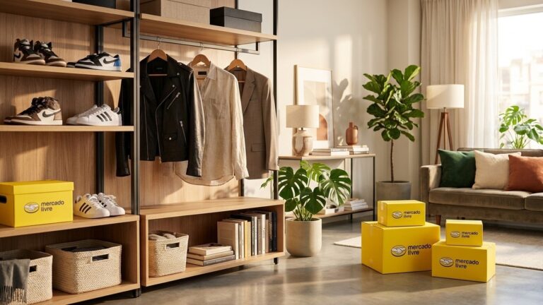 Arara de roupas modernas com tênis e ambiente decorado com caixas oficiais de entrega do Mercado Livre