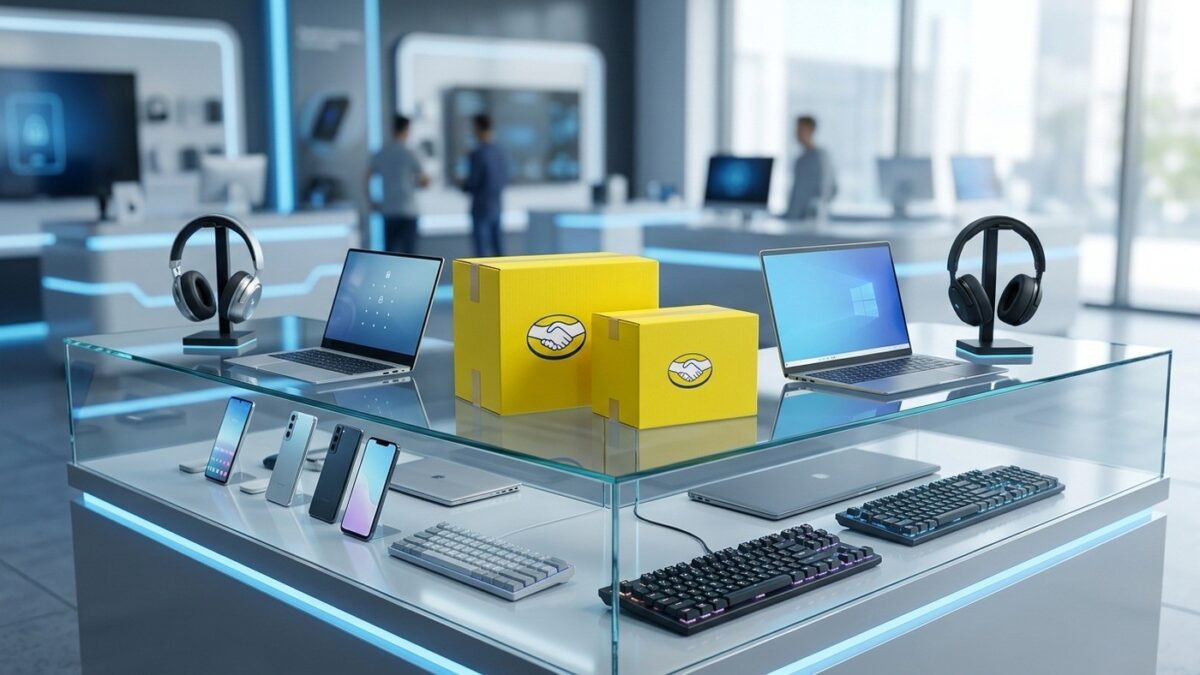 Balcão moderno de loja de tecnologia com smartphones, notebooks e fones ao lado de caixas de entrega amarelas do Mercado Livre