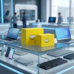 Balcão moderno de loja de tecnologia com smartphones, notebooks e fones ao lado de caixas de entrega amarelas do Mercado Livre