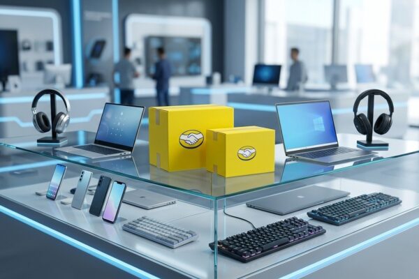 Balcão moderno de loja de tecnologia com smartphones, notebooks e fones ao lado de caixas de entrega amarelas do Mercado Livre