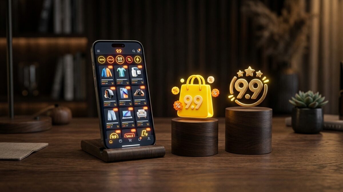 Smartphone com tela do festival de compras 9.9 ao lado de sacola luminosa e medalhão dourado 9.9 em mesa de madeira