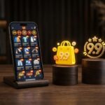 Smartphone com tela do festival de compras 9.9 ao lado de sacola luminosa e medalhão dourado 9.9 em mesa de madeira