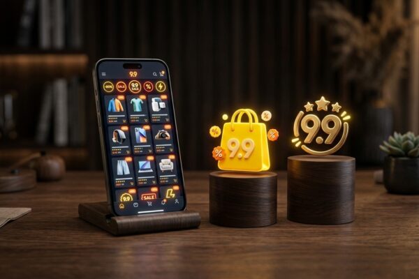Smartphone com tela do festival de compras 9.9 ao lado de sacola luminosa e medalhão dourado 9.9 em mesa de madeira