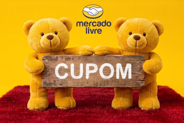 Comprador segurando sacolas amarelas com o logo do Mercado Livre em clima de compras promocionais