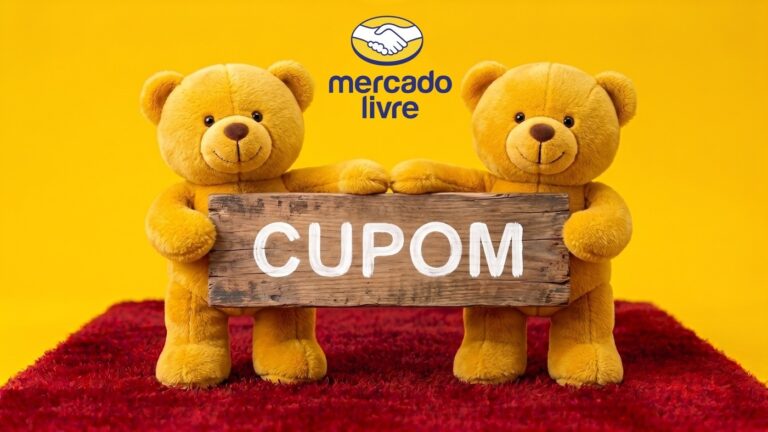 Comprador segurando sacolas amarelas com o logo do Mercado Livre em clima de compras promocionais