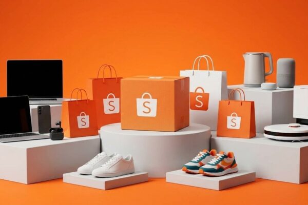 Caixas de entrega e sacolas laranjas oficiais da Shopee em estúdio com eletrônicos e tênis modernos