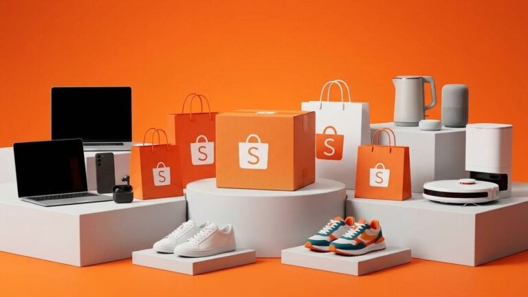 Caixas de entrega e sacolas laranjas oficiais da Shopee em estúdio com eletrônicos e tênis modernos