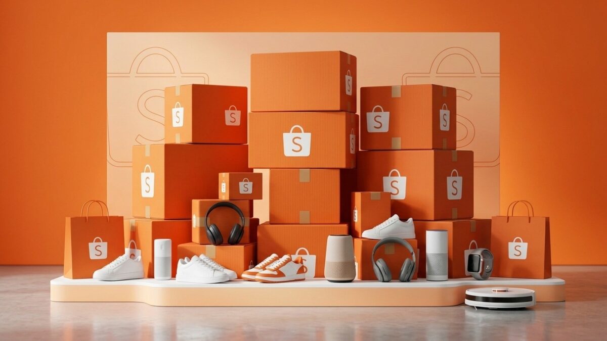 Pilha de caixas e sacolas laranjas oficiais da Shopee com tênis e eletrônicos no festival Esquenta 9.9