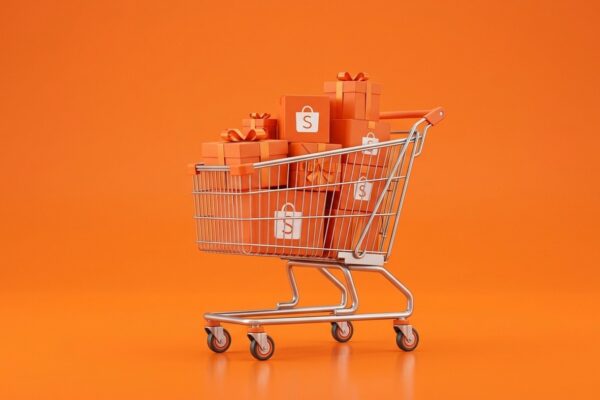 Pacotes e sacolas de compras da Shopee em destaque com iluminação suave