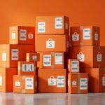 Pilha de caixas de entregas da Shopee em estúdio fotográfico iluminado