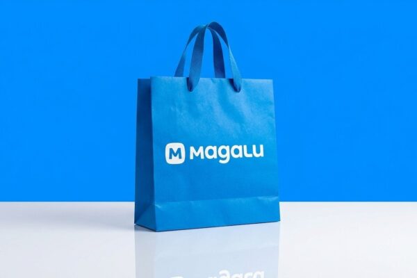 Sacola de compras azul do Magazine Luiza com logotipo oficial em estúdio