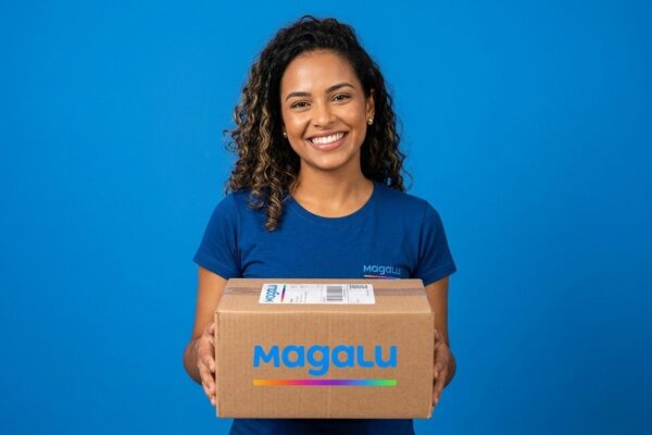 Mulher sorridente segurando caixa de encomenda do Magazine Luiza